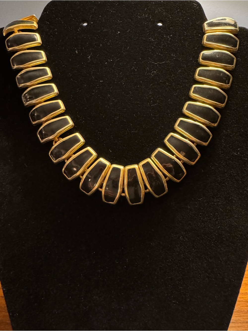 Vintage Black Enamel Gold Tone Geometric Statement Collar Necklace 17”